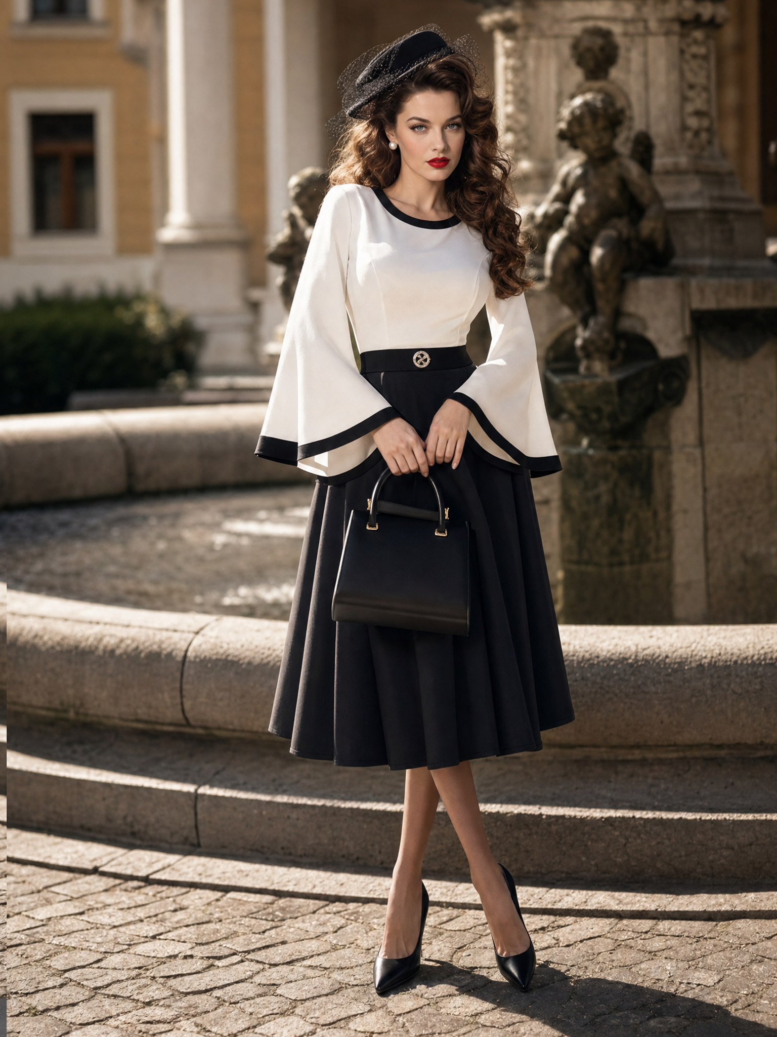Vintage Black White Contrast Bell Sleeve Midi Dress