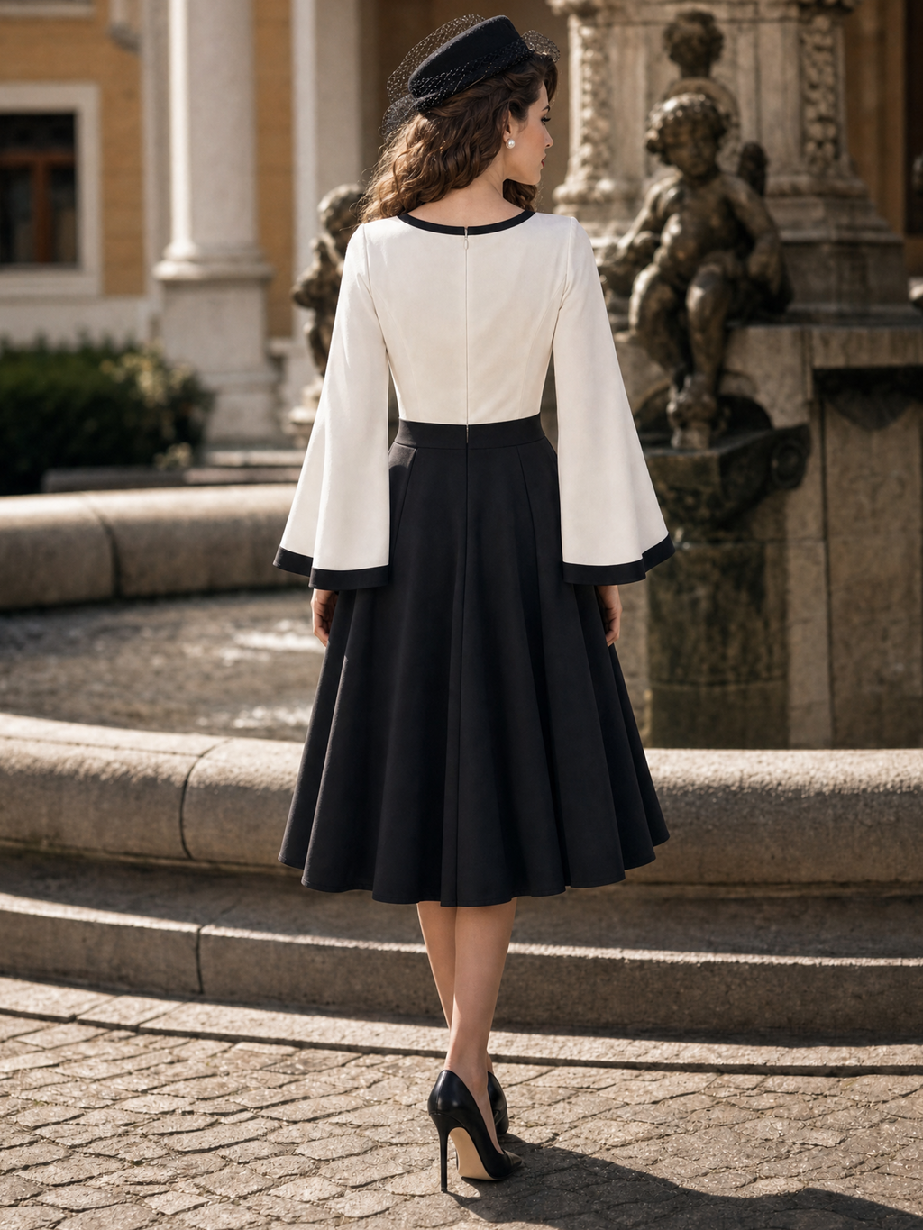 Vintage Black White Contrast Bell Sleeve Midi Dress