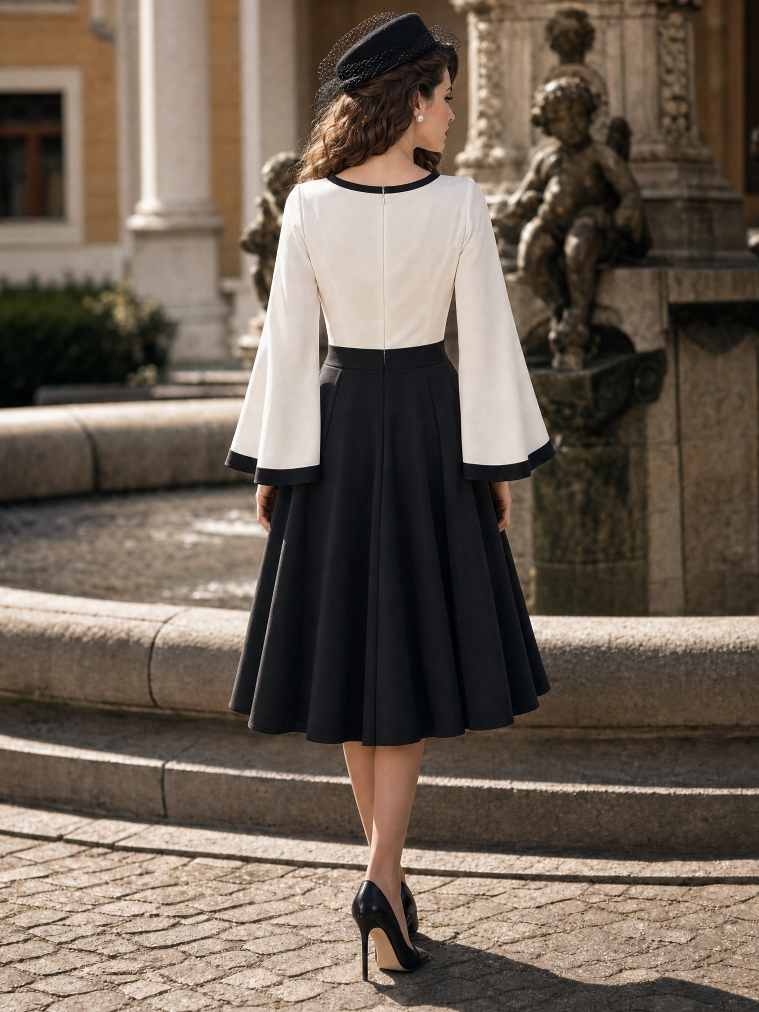 Vintage Black White Contrast Bell Sleeve Midi Dress