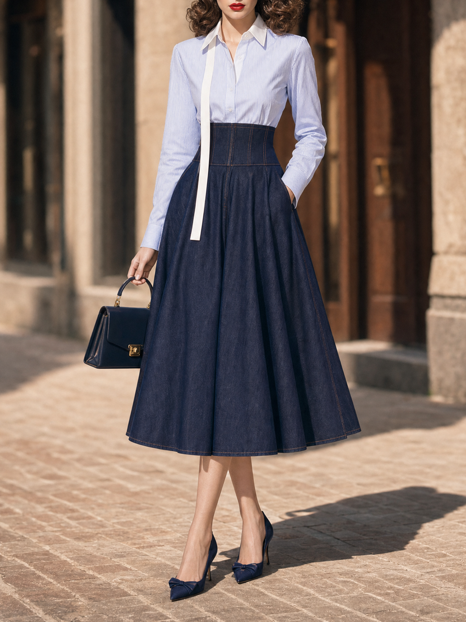 Vintage High Waist Denim Midi Skirt A‑Line Flared Swing Skirt 2PS