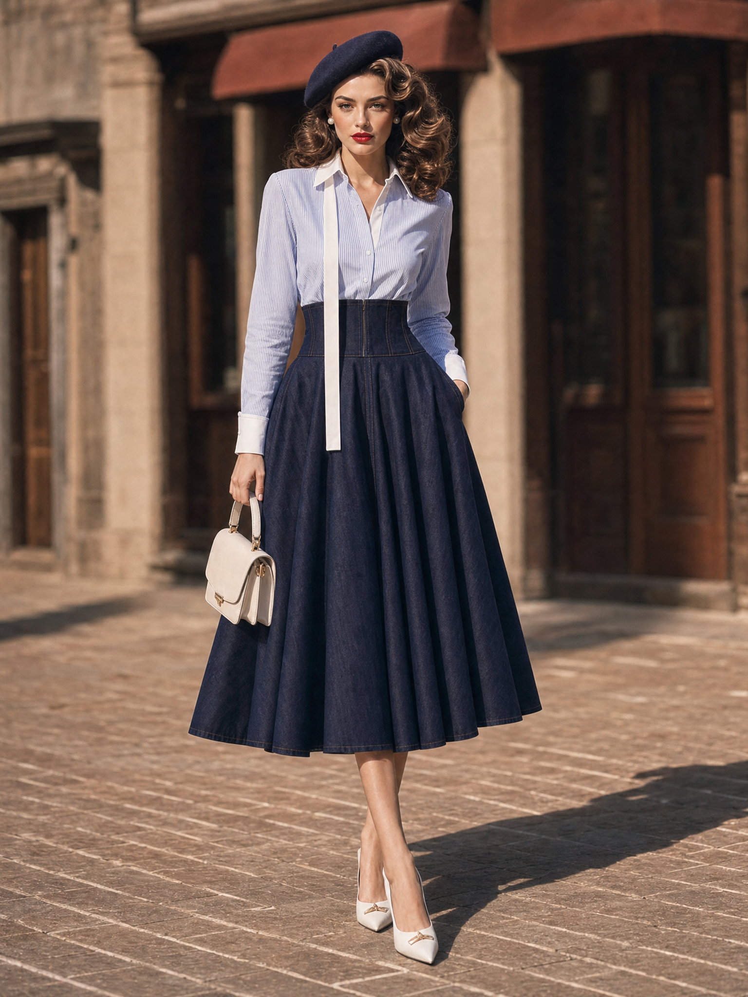 Vintage High Waist Denim Midi Skirt A‑Line Flared Swing Skirt 2PS