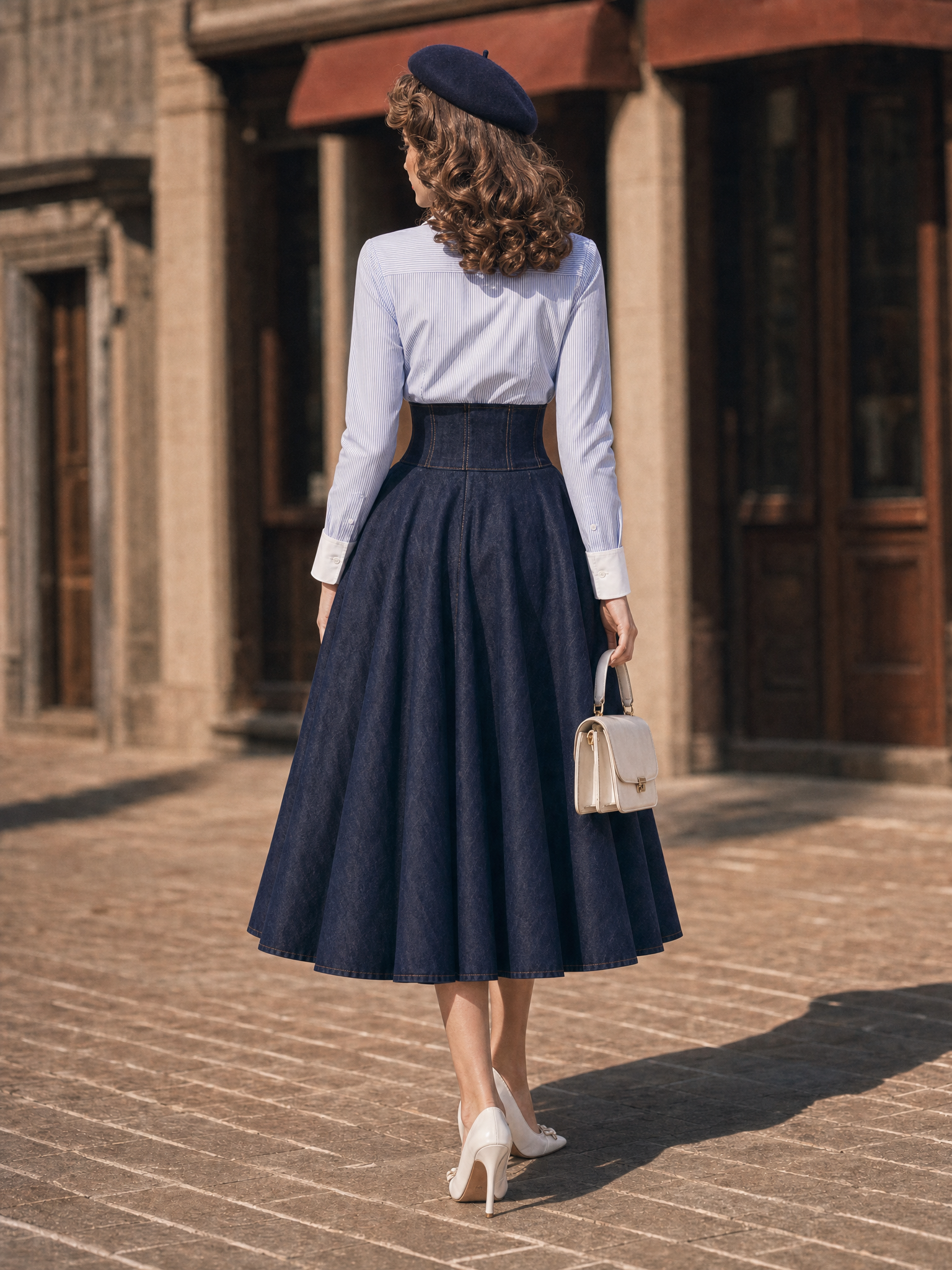 Vintage High Waist Denim Midi Skirt A‑Line Flared Swing Skirt 2PS