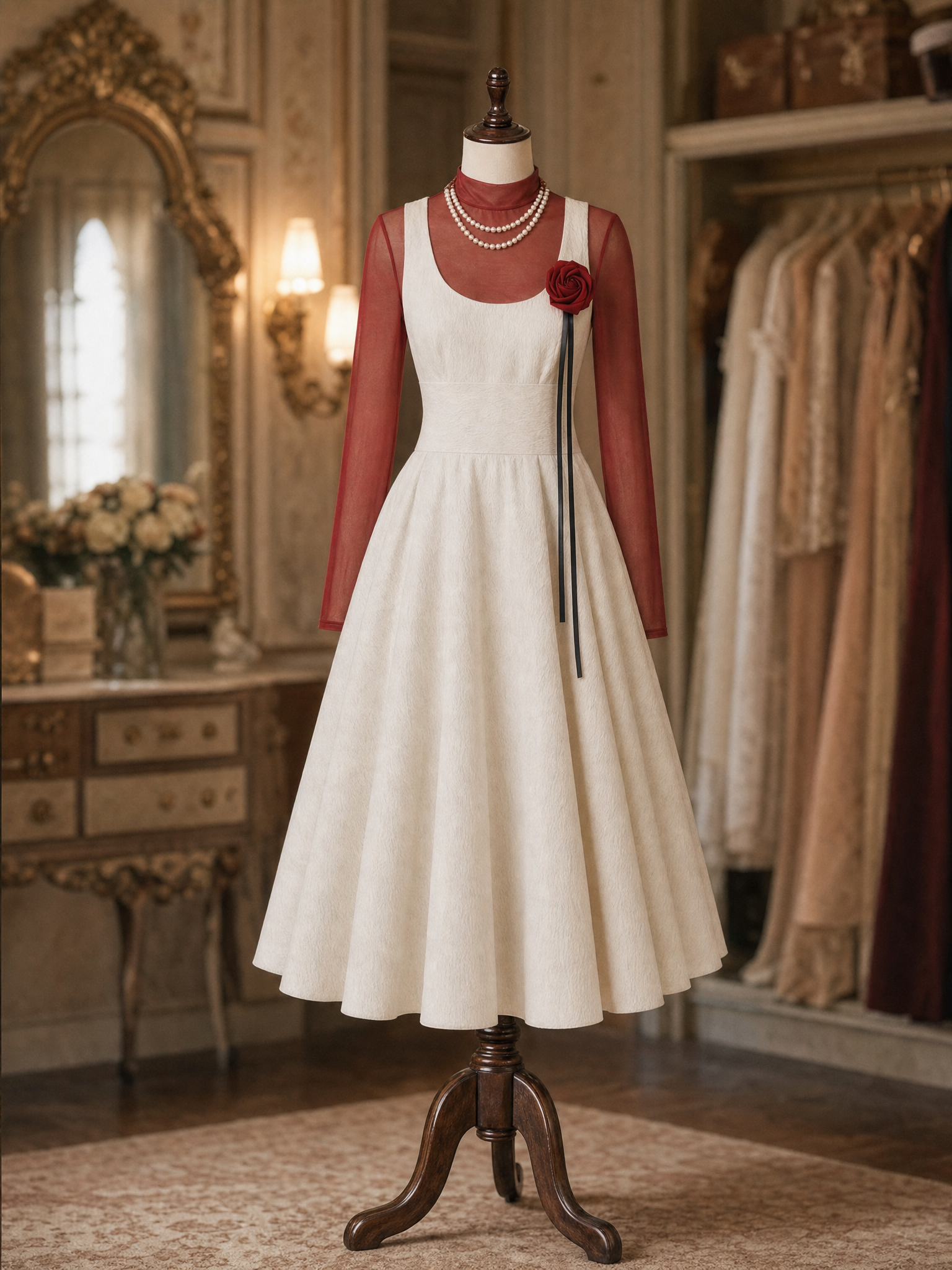 Vintage 1950s Rose Decor Sleeveless Midi Swing Dress Red Sheer Mesh Turtleneck Top Two‑Piece Set