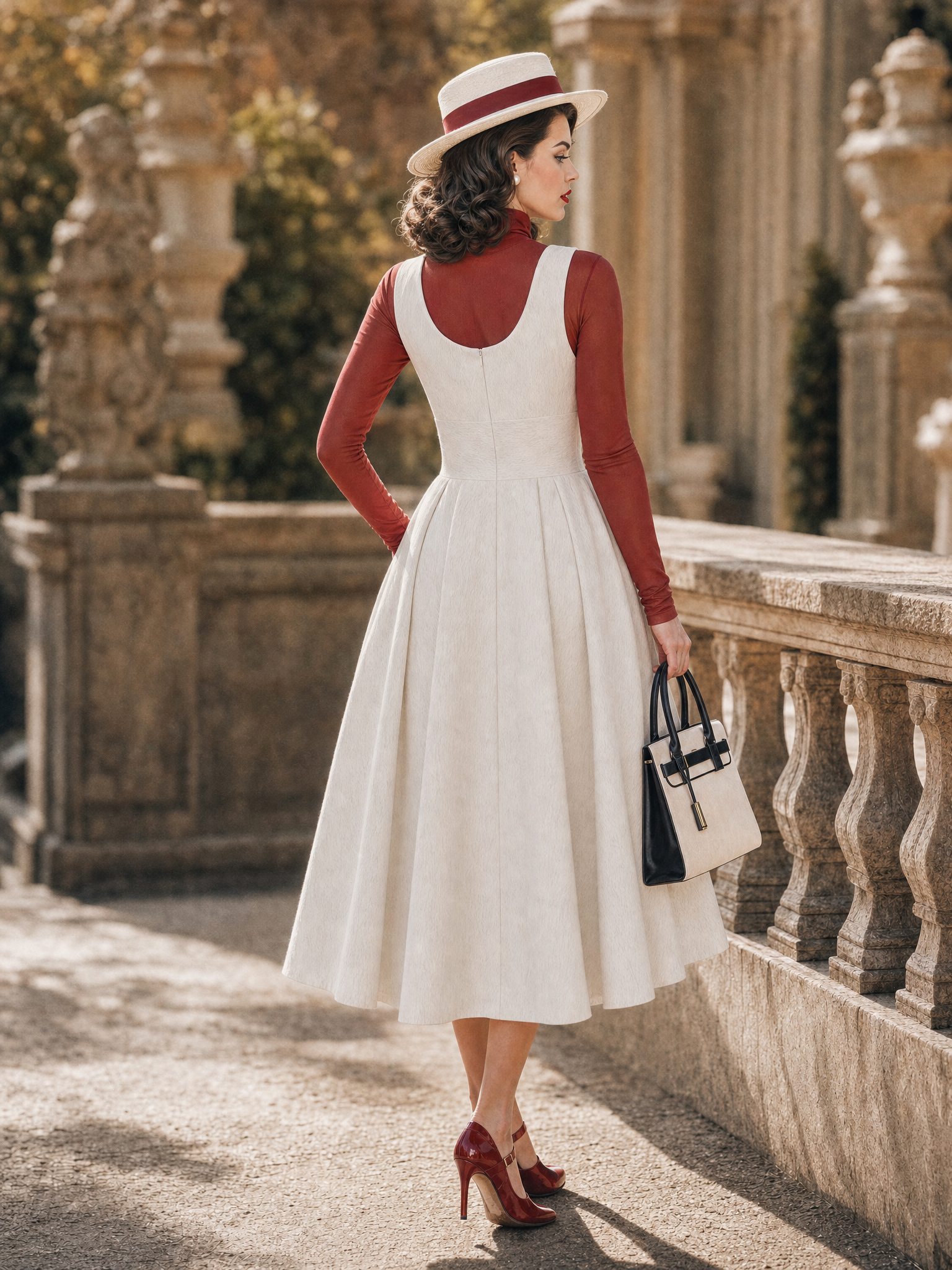 Vintage 1950s Rose Decor Sleeveless Midi Swing Dress Red Sheer Mesh Turtleneck Top Two‑Piece Set