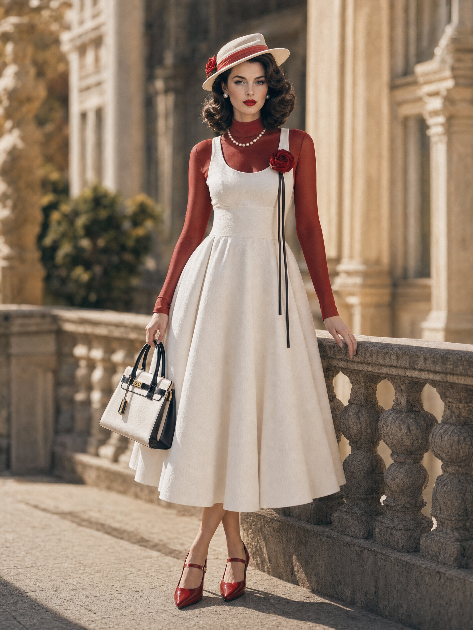 Vintage 1950s Rose Decor Sleeveless Midi Swing Dress Red Sheer Mesh Turtleneck Top Two‑Piece Set