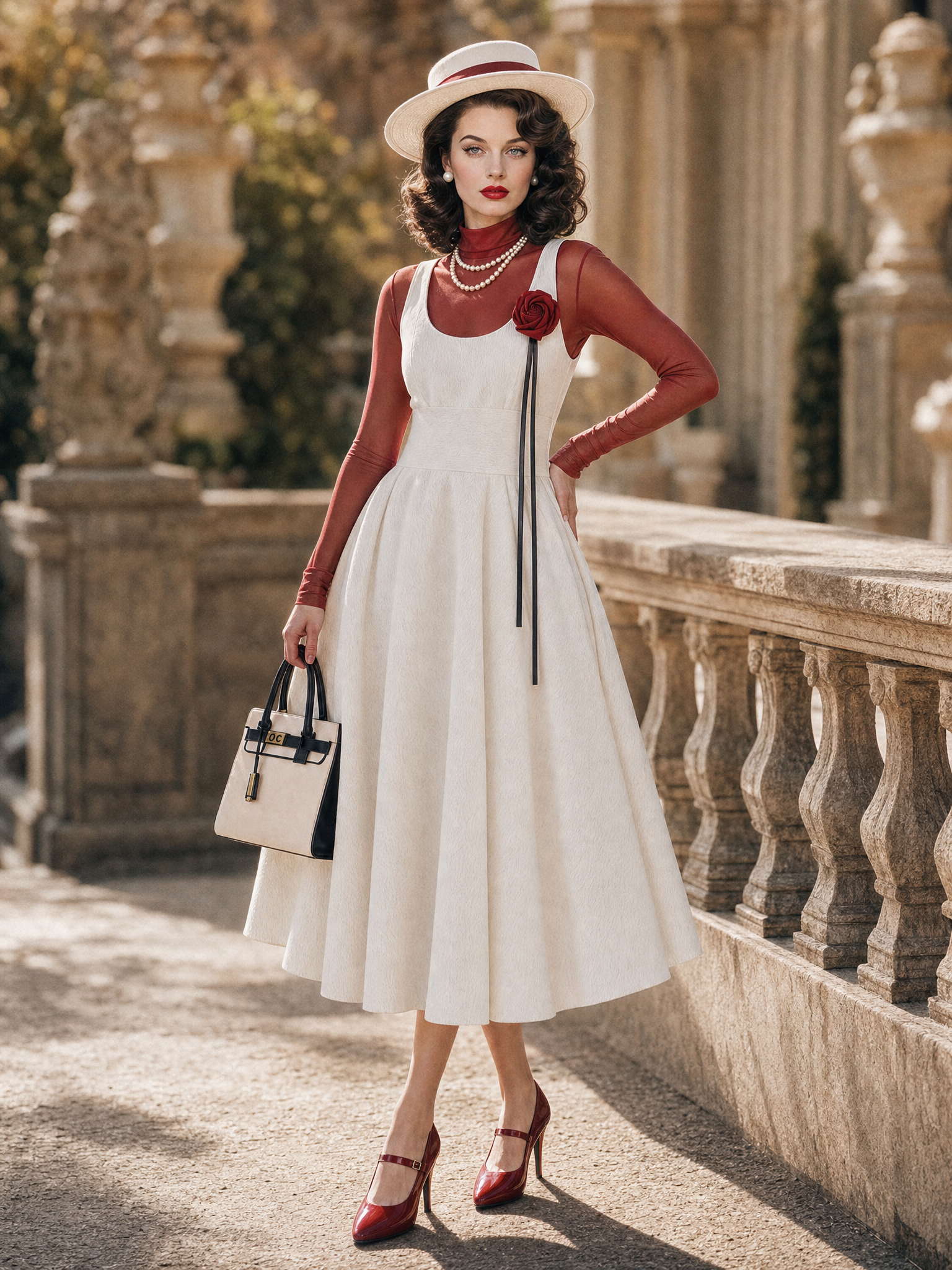 Vintage 1950s Rose Decor Sleeveless Midi Swing Dress Red Sheer Mesh Turtleneck Top Two‑Piece Set