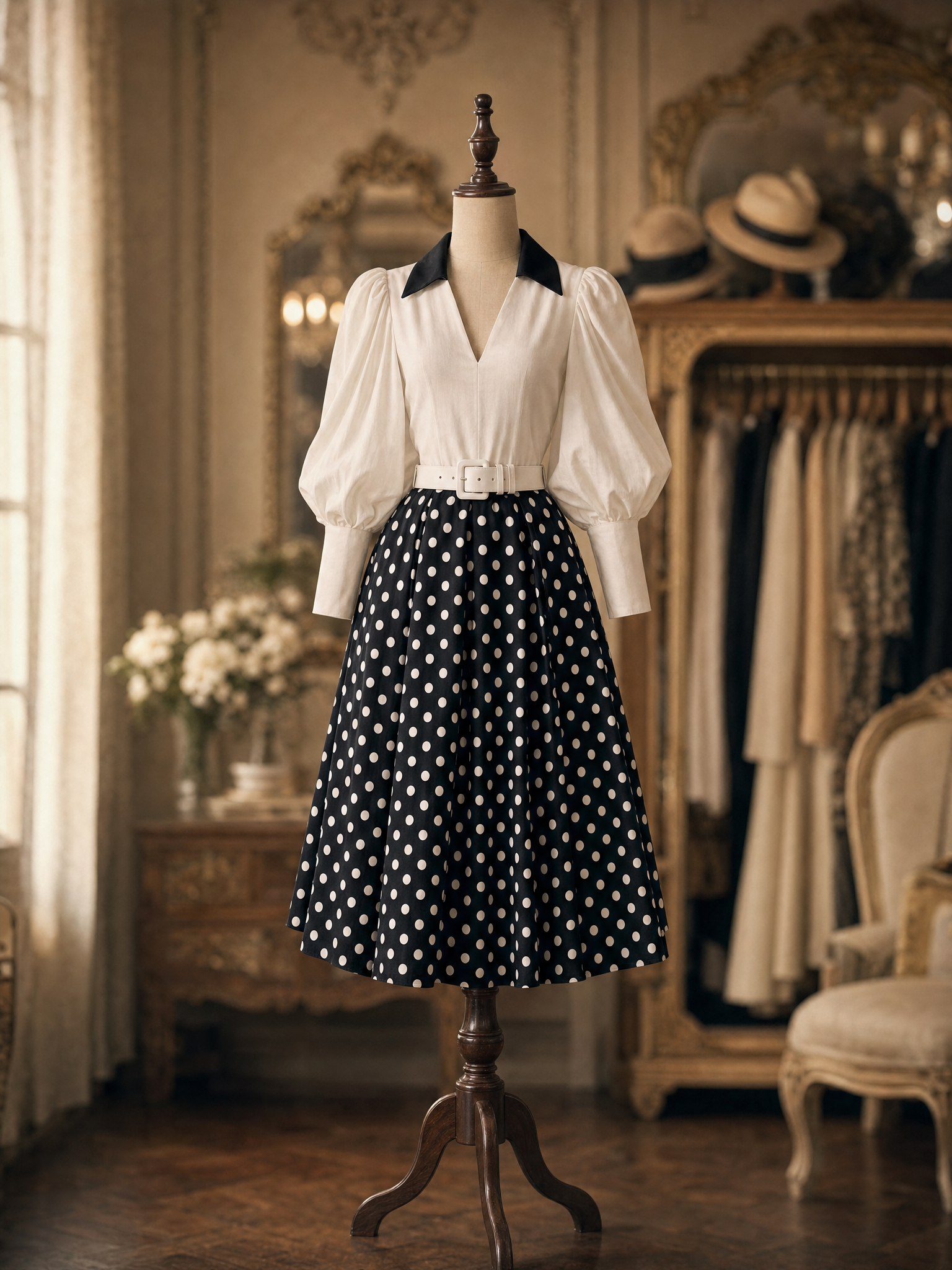Vintage 1950s Polka Dot Puff Sleeve Contrast Collar Midi Dress