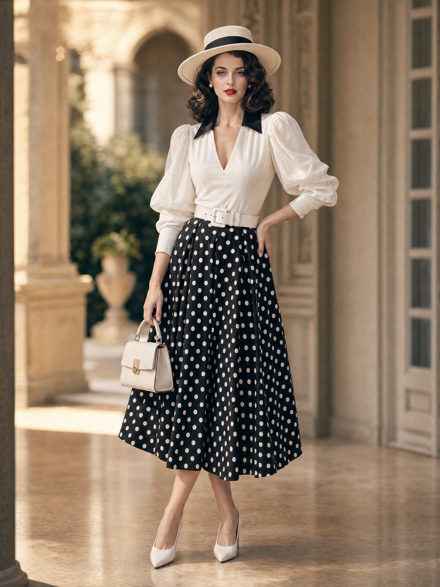 Vintage 1950s Polka Dot Puff Sleeve Contrast Collar Midi Dress