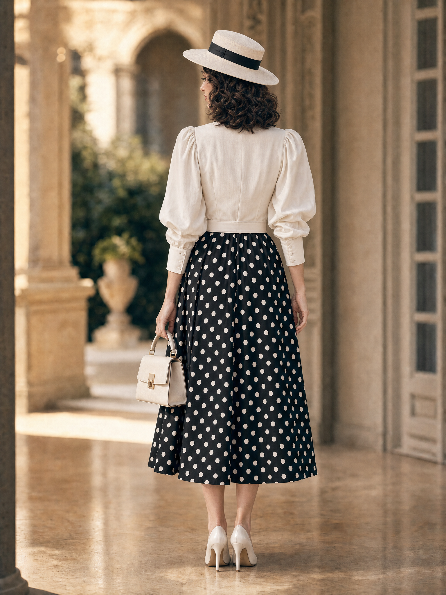 Vintage 1950s Polka Dot Puff Sleeve Contrast Collar Midi Dress