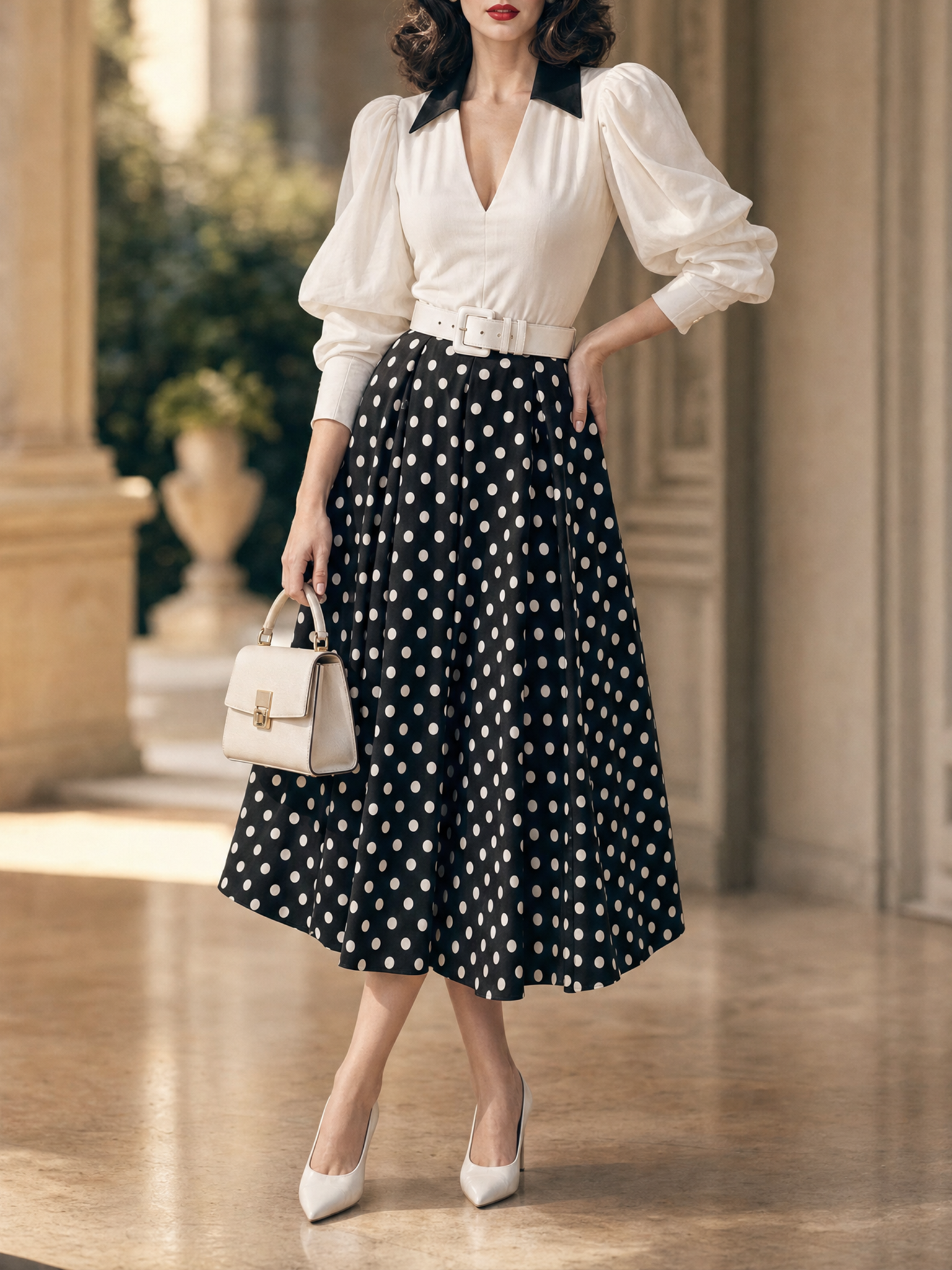 Vintage 1950s Polka Dot Puff Sleeve Contrast Collar Midi Dress
