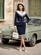 Nautical Navy Sailor Collar Blazer & Pencil Skirt Two-Piece Set