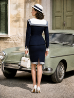Nautical Navy Sailor Collar Blazer & Pencil Skirt Two-Piece Set