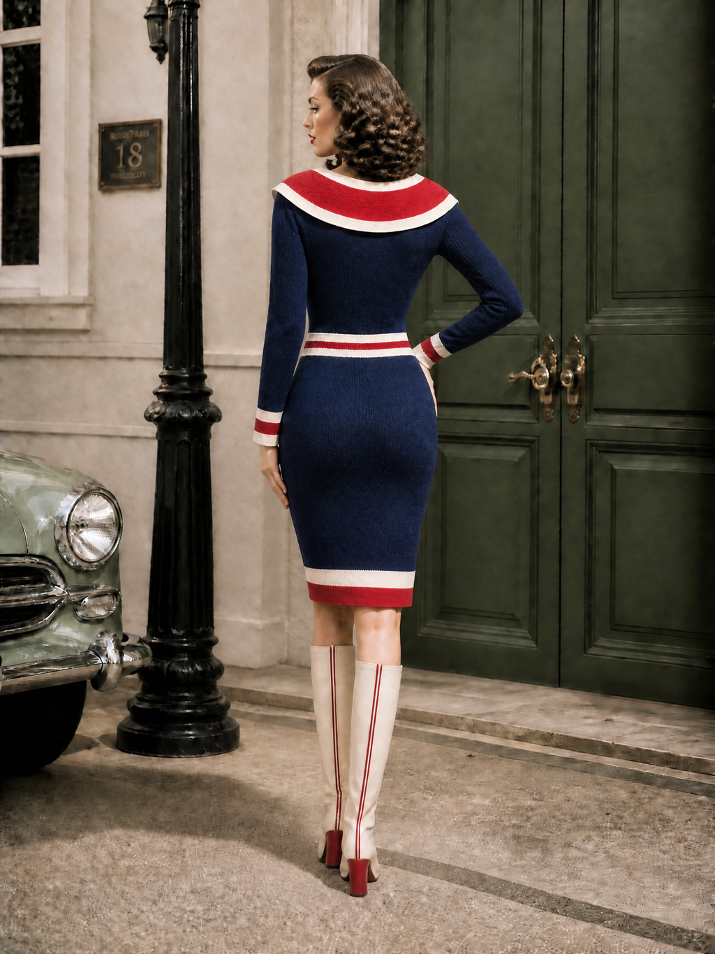 Nautical Navy Sailor Collar Gold Double-Breasted Knit Midi Dress