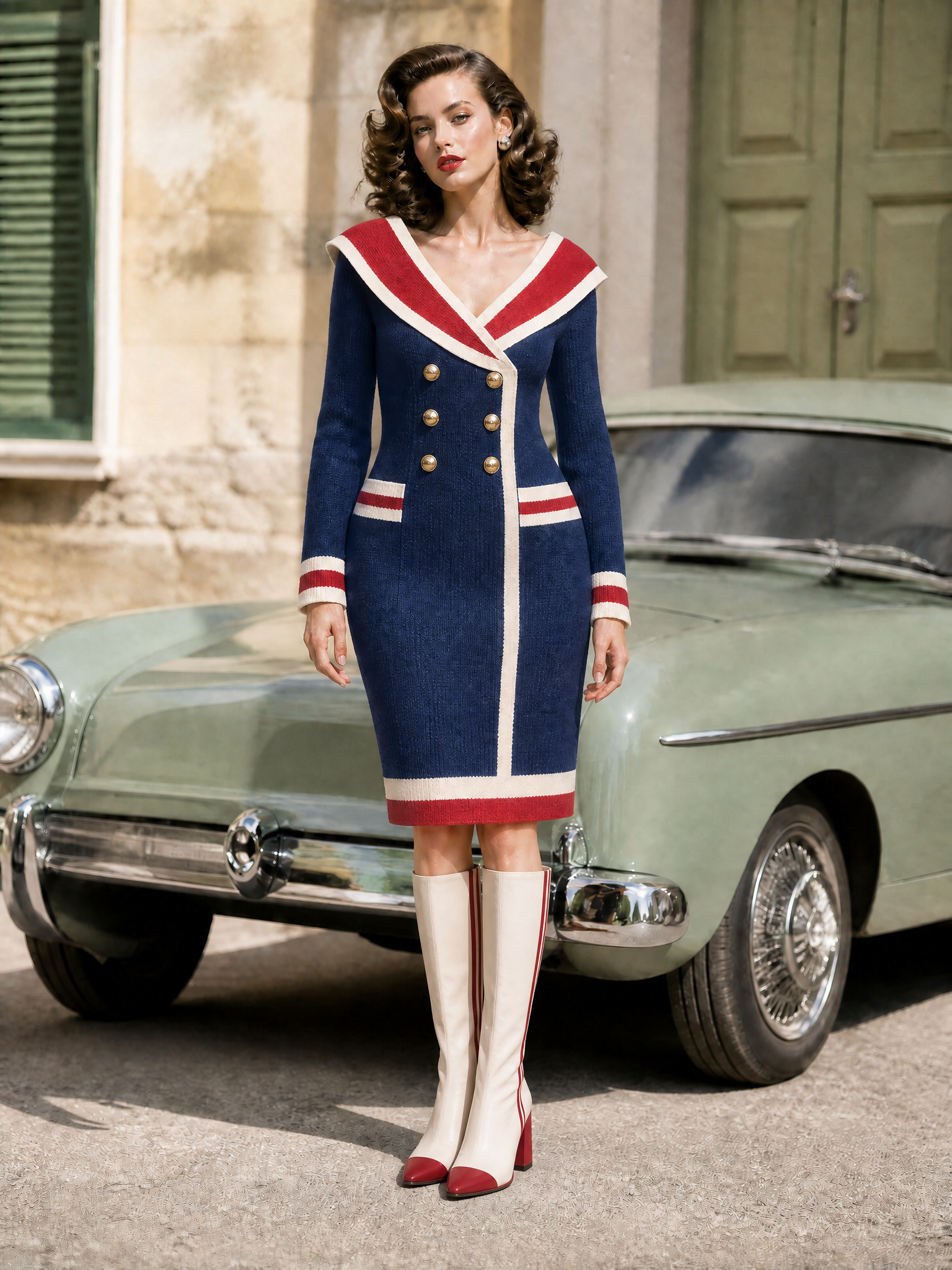 Nautical Navy Sailor Collar Gold Double-Breasted Knit Midi Dress