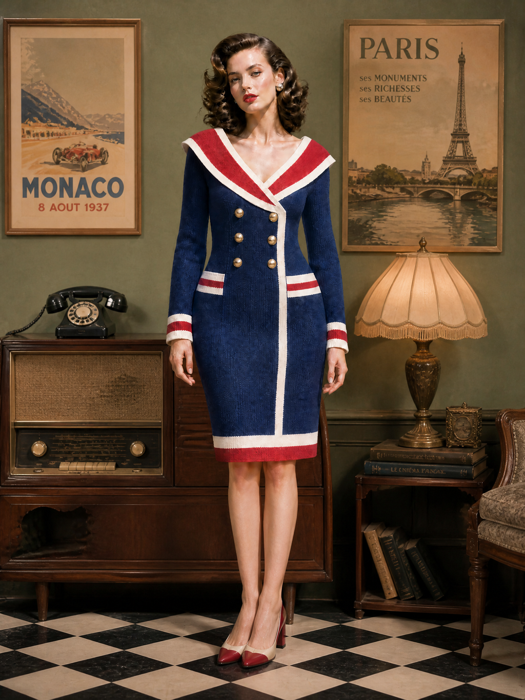 Nautical Navy Sailor Collar Gold Double-Breasted Knit Midi Dress