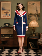 Nautical Navy Sailor Collar Gold Double-Breasted Knit Midi Dress