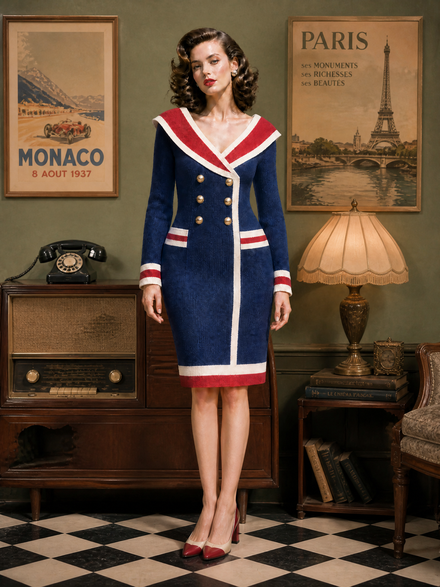 Nautical Navy Sailor Collar Gold Double-Breasted Knit Midi Dress