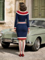 Nautical Navy Sailor Collar Gold Double-Breasted Knit Midi Dress