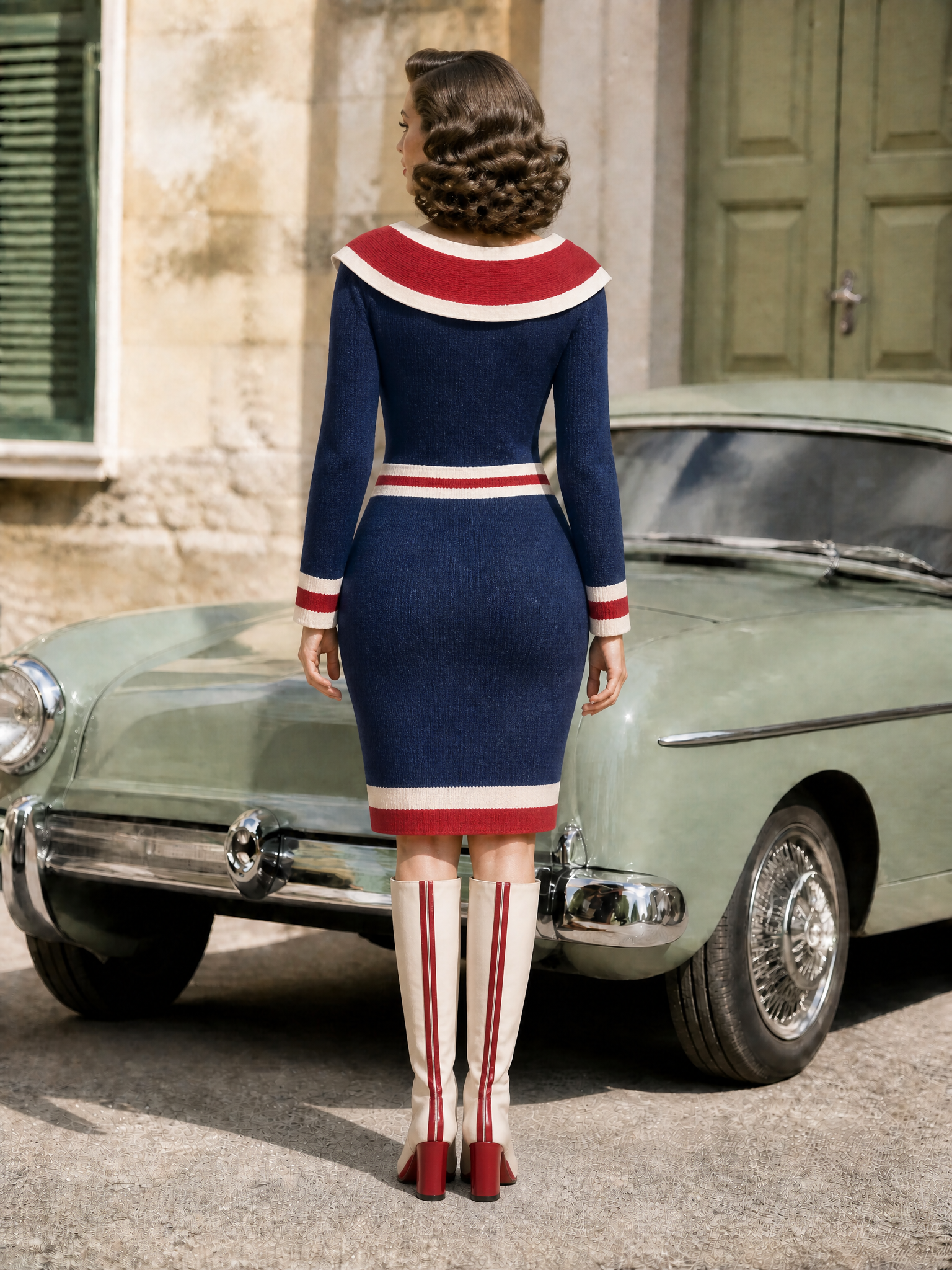 Nautical Navy Sailor Collar Gold Double-Breasted Knit Midi Dress