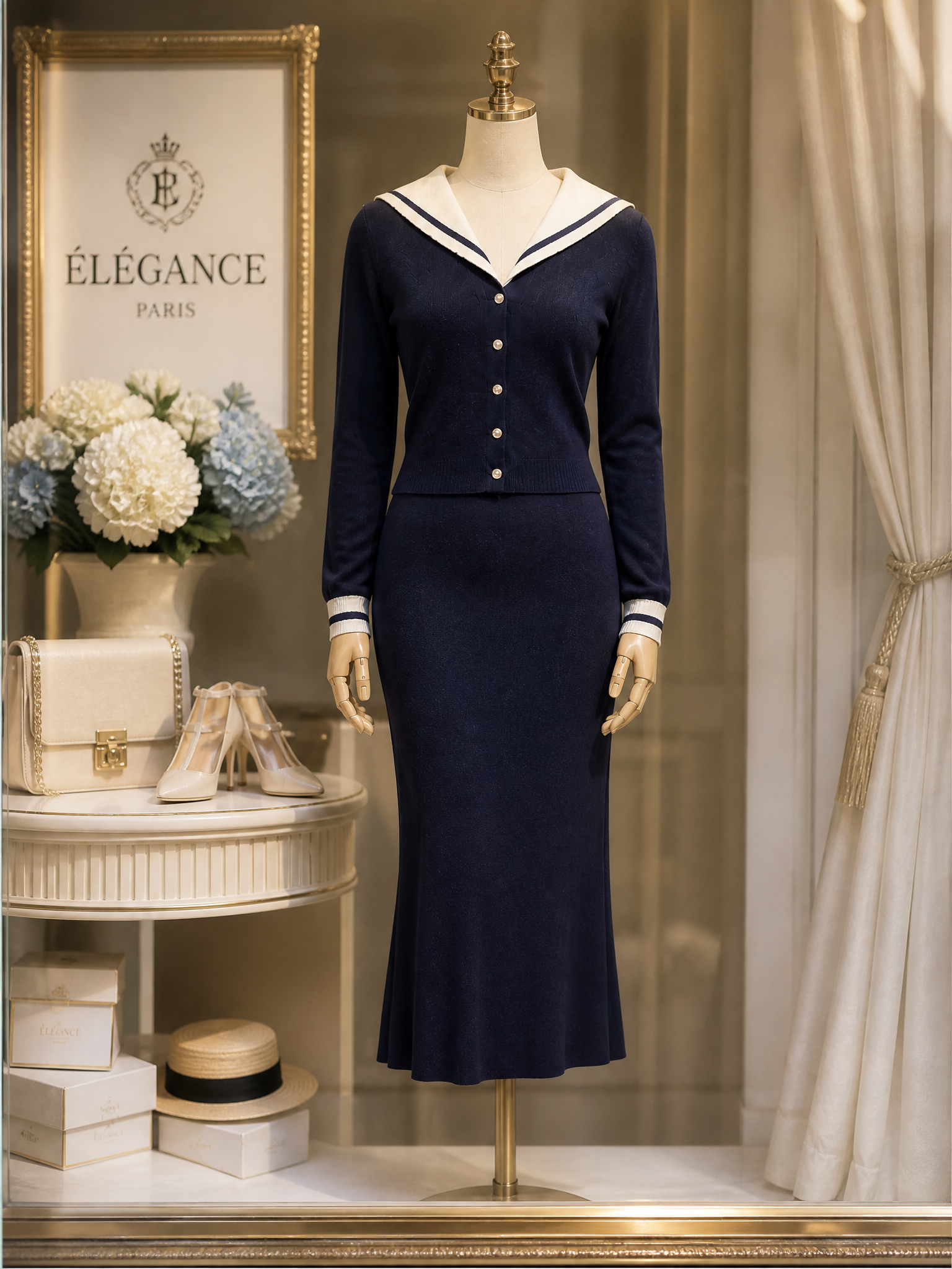 Nautical Sailor Collar Knit Cardigan & Midi Pencil Skirt Two-Piece Set