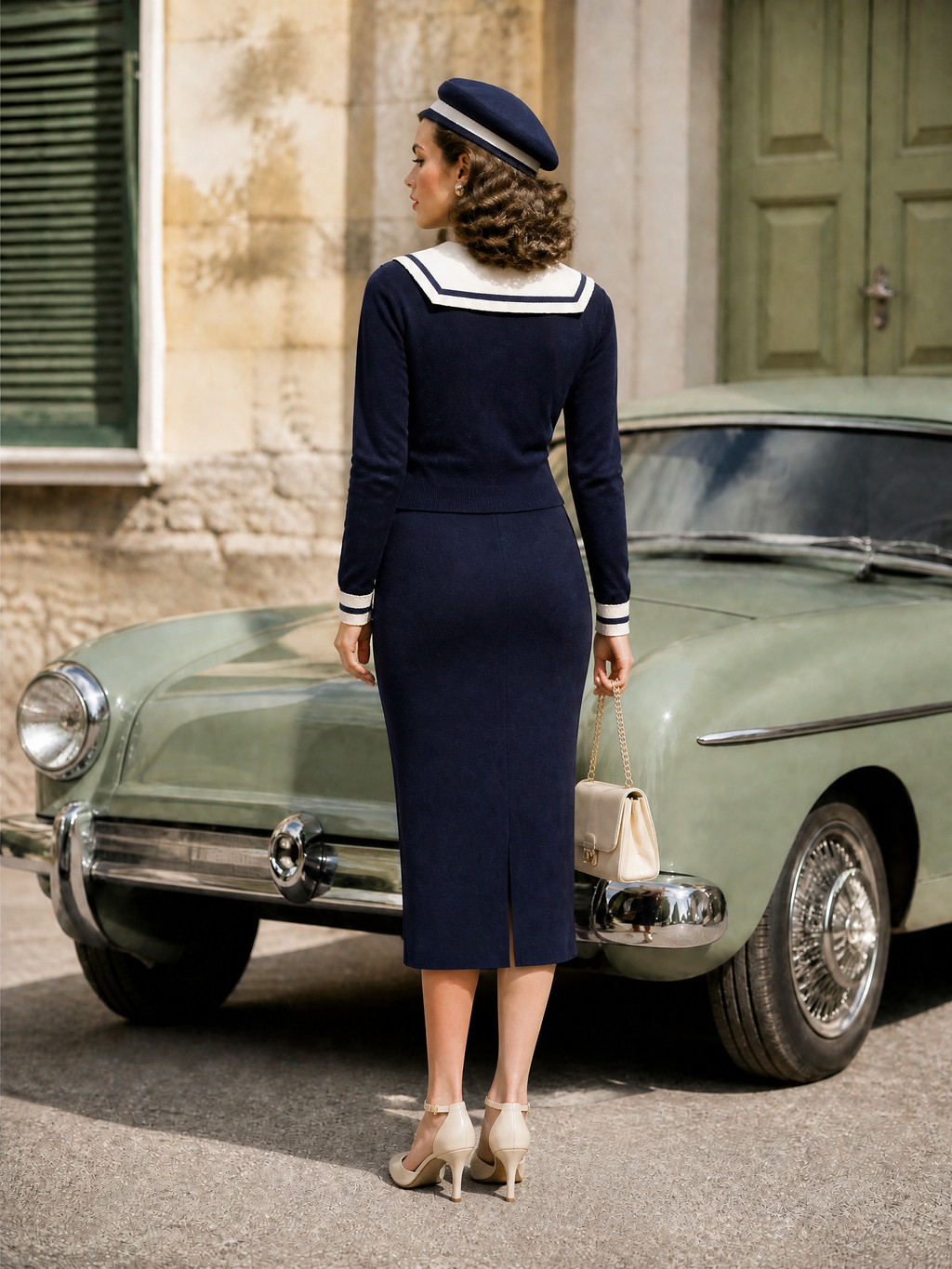 Nautical Sailor Collar Knit Cardigan & Midi Pencil Skirt Two-Piece Set