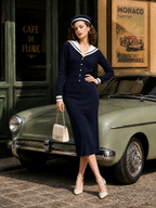 Nautical Sailor Collar Knit Cardigan & Midi Pencil Skirt Two-Piece Set