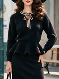 Vintage Black Contrast Bow-Tie Neck Peplum Knit Sweater