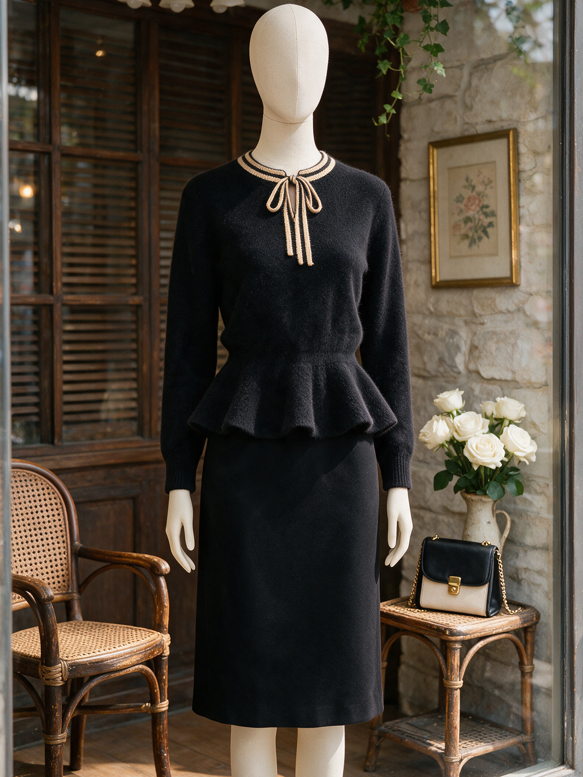 Vintage Black Contrast Bow-Tie Neck Peplum Knit Sweater