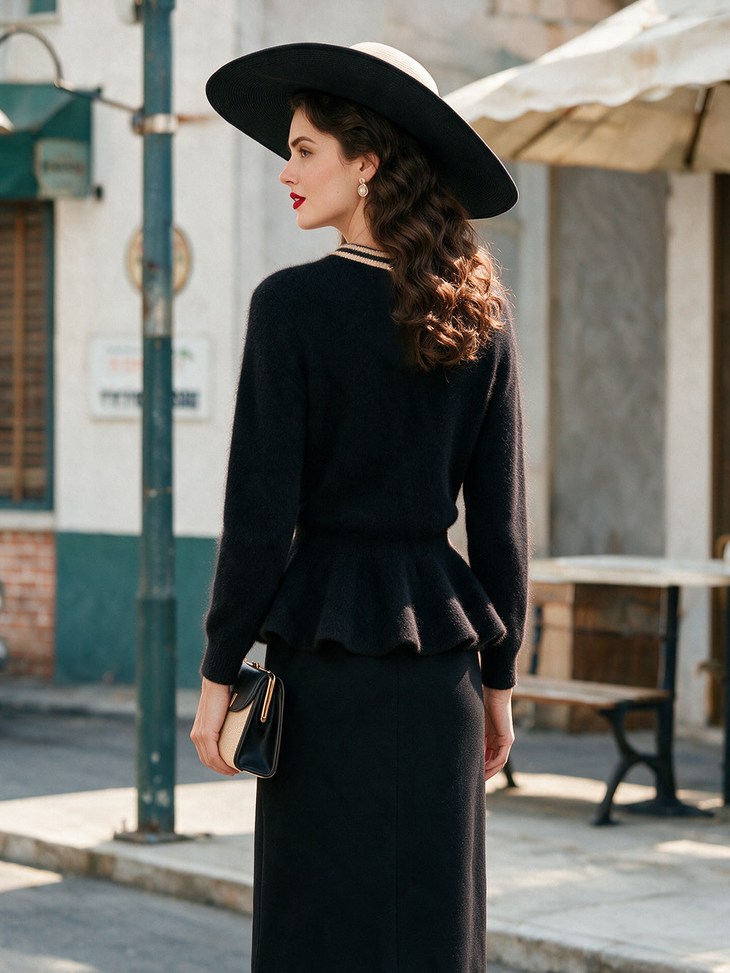 Vintage Black Contrast Bow-Tie Neck Peplum Knit Sweater
