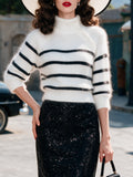 Vintage White Black Striped Button-Neck Fuzzy Knit Sweater