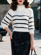 Vintage White Black Striped Button-Neck Fuzzy Knit Sweater