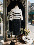 Vintage White Black Striped Button-Neck Fuzzy Knit Sweater