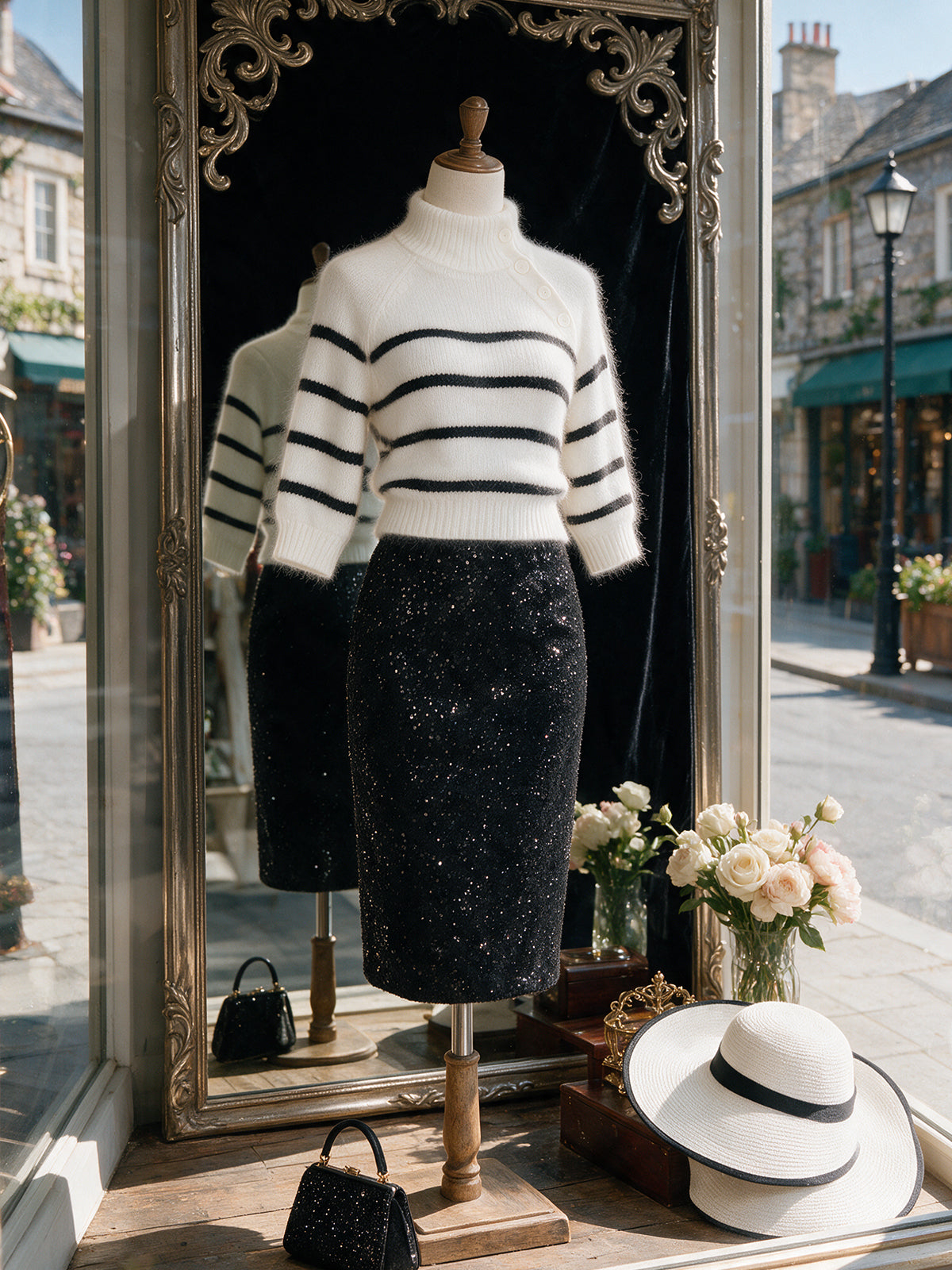Vintage White Black Striped Button-Neck Fuzzy Knit Sweater