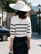 Vintage White Black Striped Button-Neck Fuzzy Knit Sweater