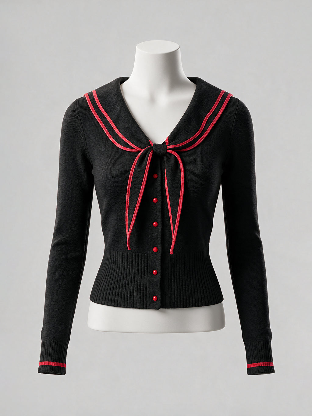 Vintage Black Red-Trim Sailor-Collar Bow Knit Cardigan