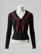 Vintage Black Red-Trim Sailor-Collar Bow Knit Cardigan