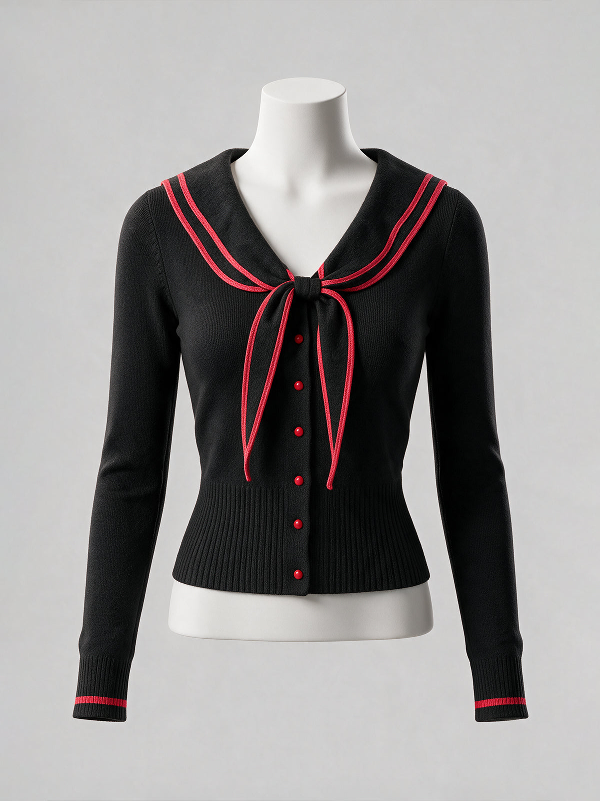 Vintage Black Red-Trim Sailor-Collar Bow Knit Cardigan