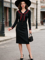 Vintage Black Red-Trim Sailor-Collar Bow Knit Cardigan