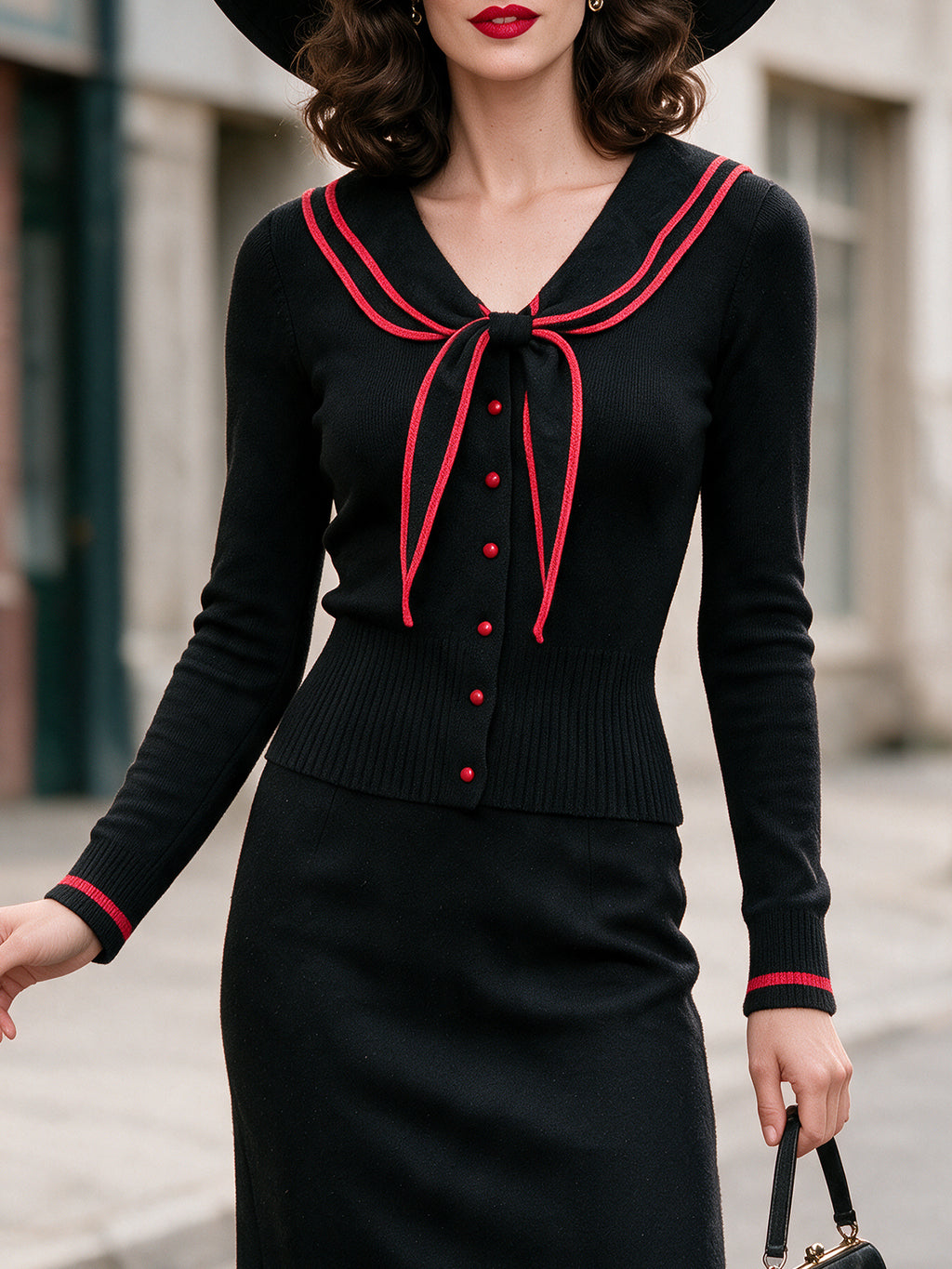 Vintage Black Red-Trim Sailor-Collar Bow Knit Cardigan