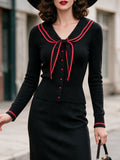 Vintage Black Red-Trim Sailor-Collar Bow Knit Cardigan