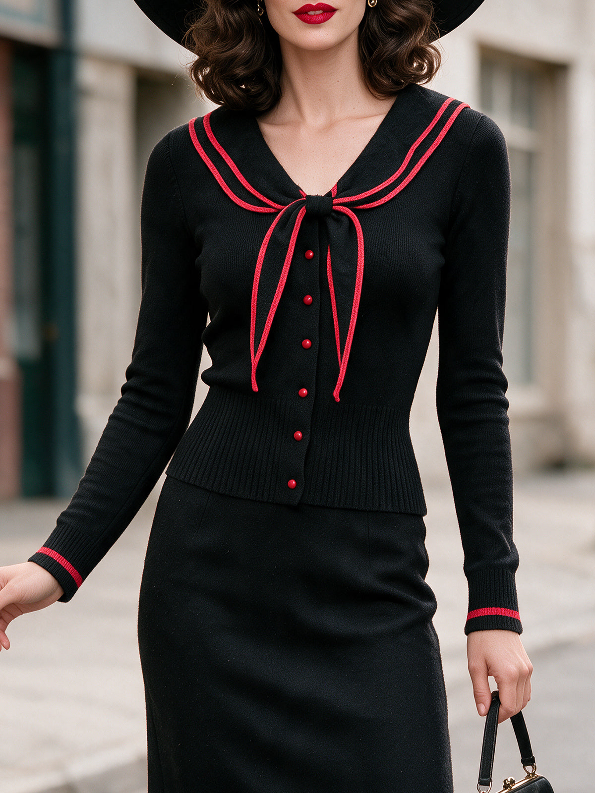 Vintage Black Red-Trim Sailor-Collar Bow Knit Cardigan