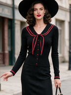 Vintage Black Red-Trim Sailor-Collar Bow Knit Cardigan