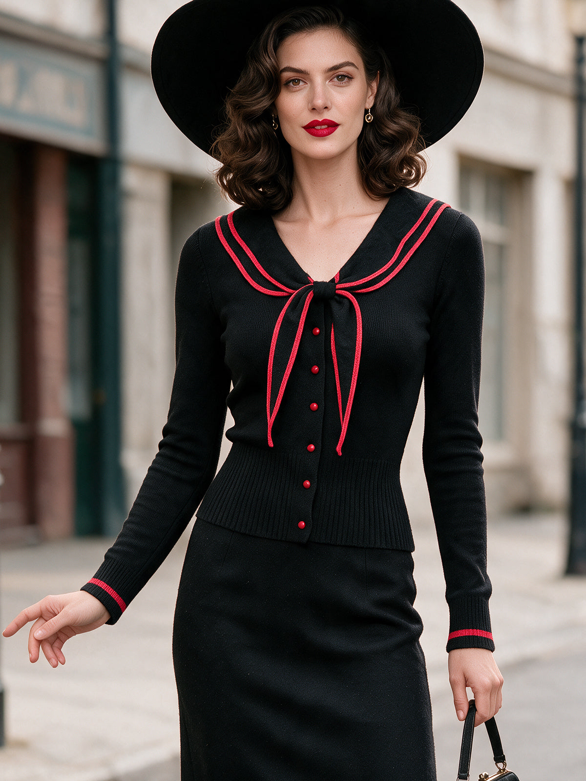 Vintage Black Red-Trim Sailor-Collar Bow Knit Cardigan