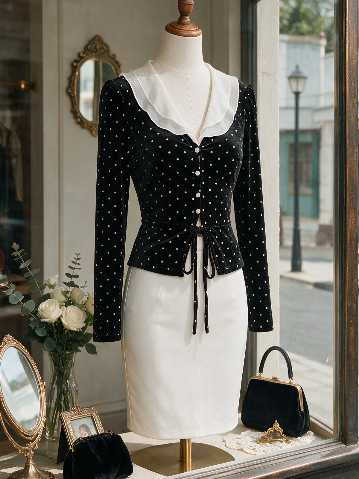 Vintage Black Polka-Dot White-Collar Velvet Peplum Blouse