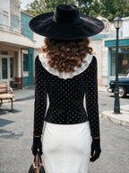 Vintage Black Polka-Dot White-Collar Velvet Peplum Blouse