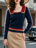Vintage Navy Red Sailor-Collar Fuzzy Knit Sweater
