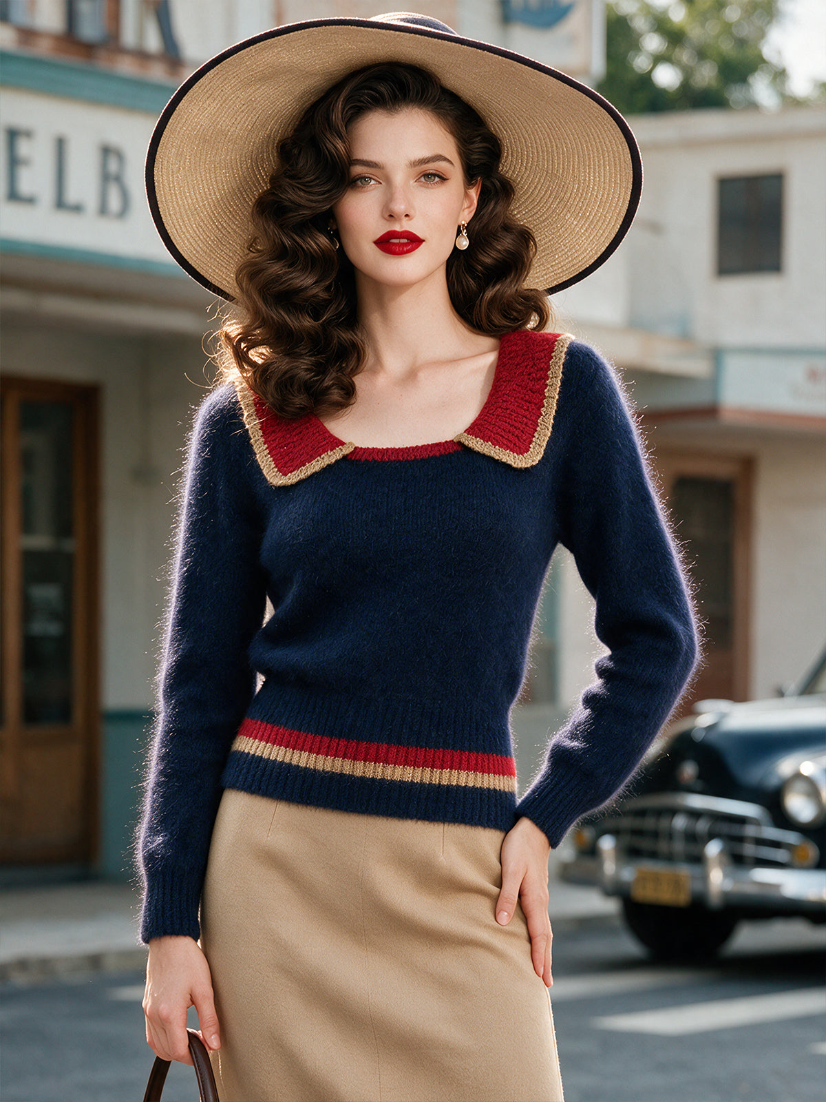 Vintage Navy Red Sailor-Collar Fuzzy Knit Sweater