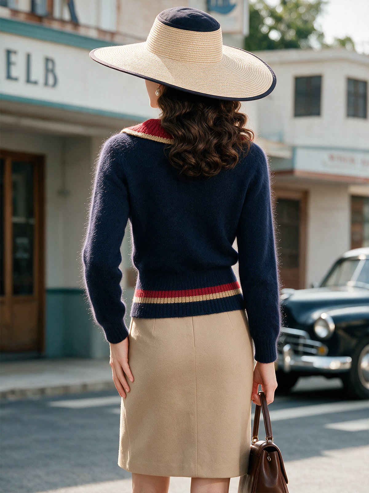 Vintage Navy Red Sailor-Collar Fuzzy Knit Sweater