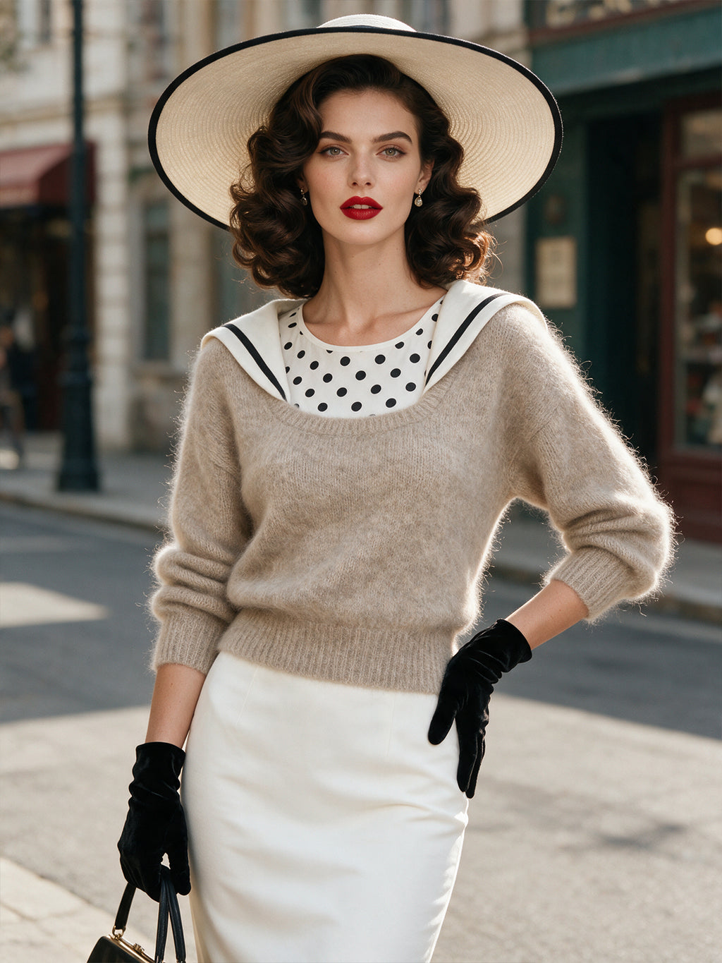 Vintage Beige Sailor-Collar Fuzzy Mohair Knit Sweater