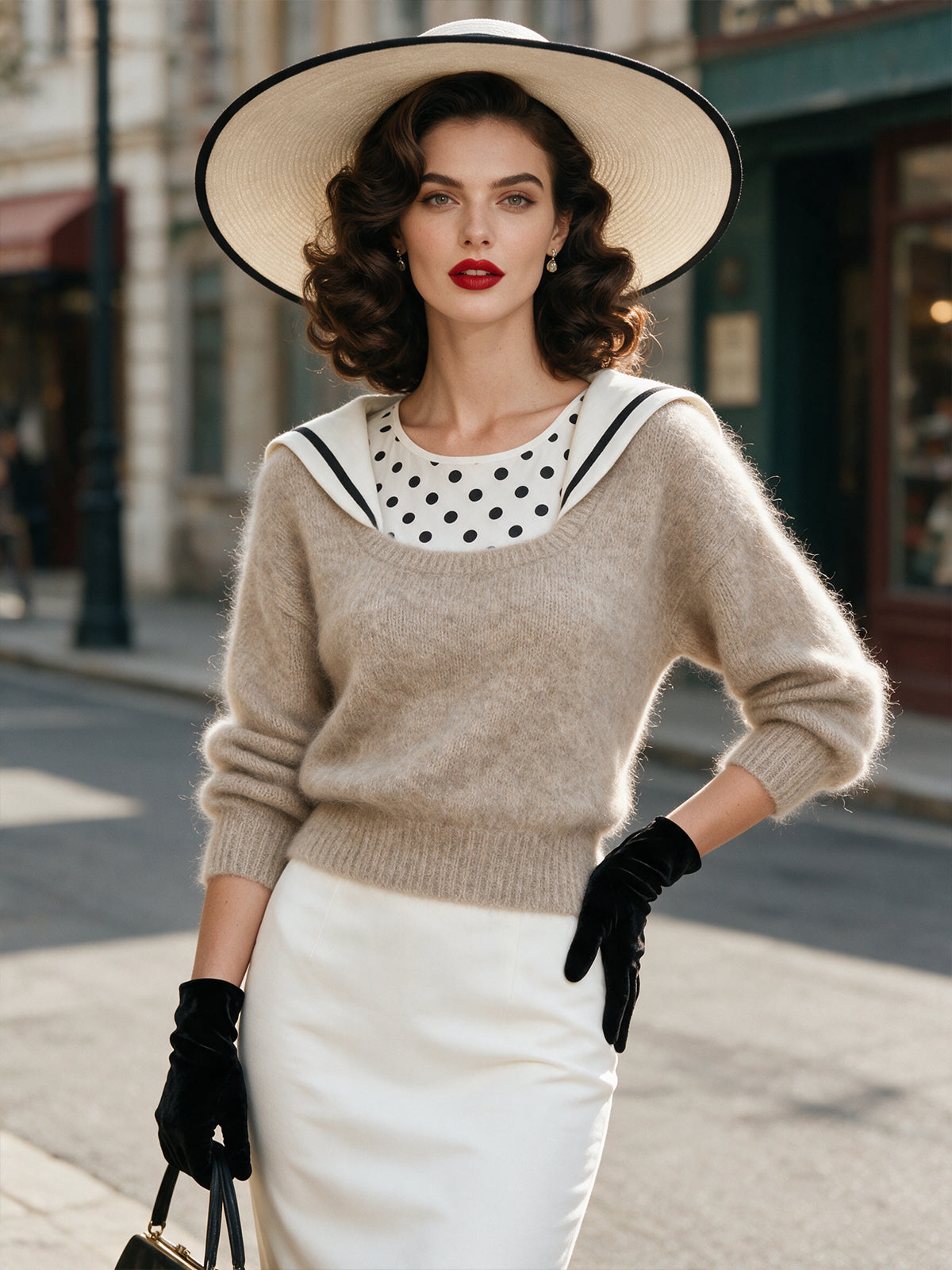 Vintage Beige Sailor-Collar Fuzzy Mohair Knit Sweater